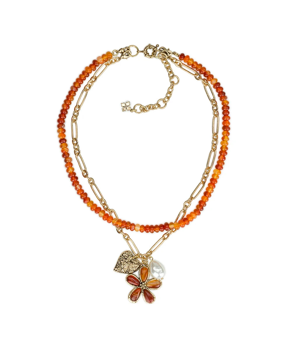 Multi Strand Flower Charm Necklace | Stone Inlay Collection | Antique Gold | Patricia Nash Designs