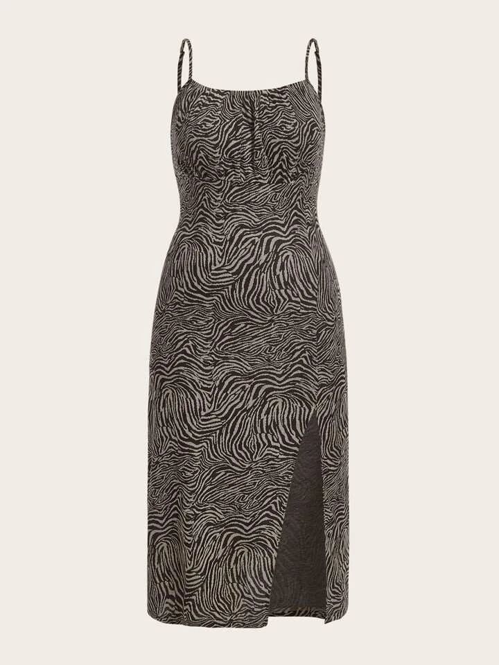 ROMWE PUNK Plus Zebra Striped Print Split Thigh Cami Dress Without Fishnet Top | SHEIN