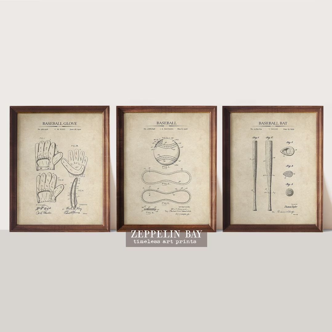 Baseball Patent Print Set | 3 Prints | Vintage Baseball Wall Decor | Perfect Gift for Baseball Pl... | Etsy (US)