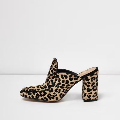 Leopard print closed toe block heel mules | River Island (US)