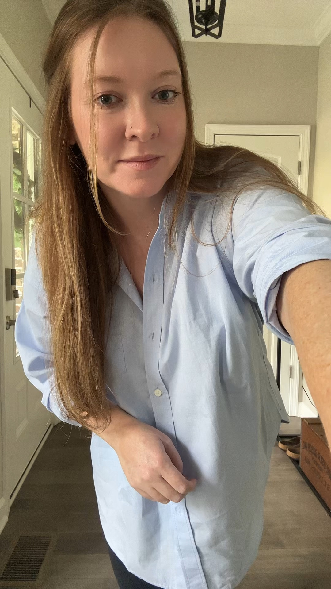 Oversized blue buttons down / wearing a small
Black leggings / tts wearing a medium 
Crew socks 
Fuzzy slippers 
Hair clip

#LTKdayinmylife #LTKootd #LTKWorkwear