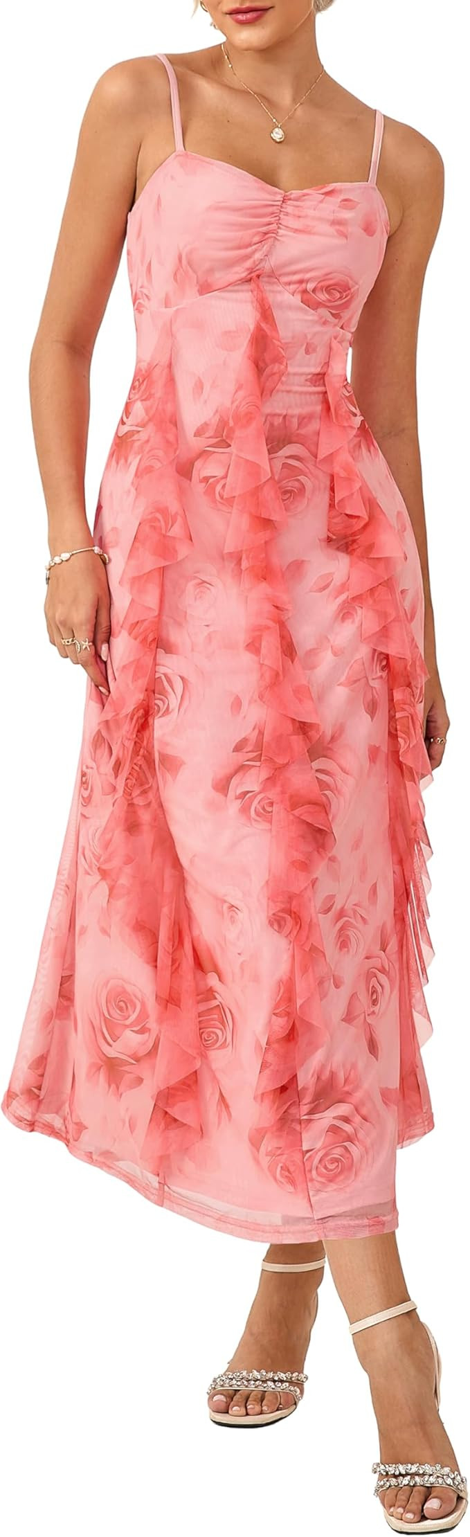 GRACE KARIN Women's Summer Floral Maxi Dress Spaghetti Strap Ruffle Wedding Guest Dresses Beach L... | Amazon (US)