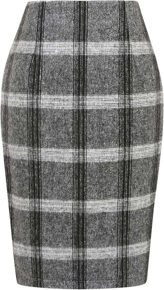 IDEALSANXUN Plaid Skirts for Women Fall Winter Knee Length Pencil Wool Skirt with Slit | Amazon (US)