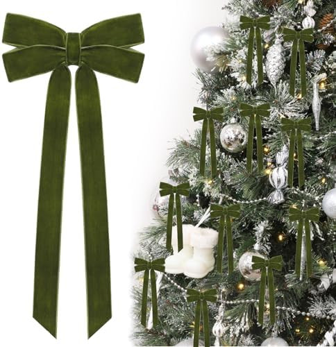 12Pcs Green Velvet Ribbon Bows Christmas Tree Decorations,5in x 10in Xmas Ornaments for Tree Home... | Amazon (US)
