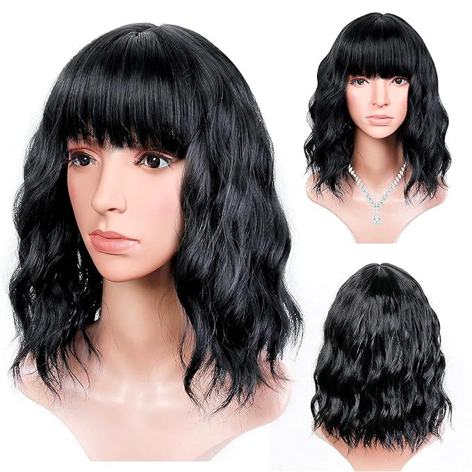 Anzid Black Wig with Bangs, 14" Short Wigs for Black Women Human Hair Glueless, Synthetic Wavy Bo... | Amazon (US)