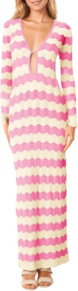 Saodimallsu Womens Crochet Summer Maxi Dress Striped Sexy Cut Out V Neck Long Sleeve Knit Cover U... | Amazon (US)