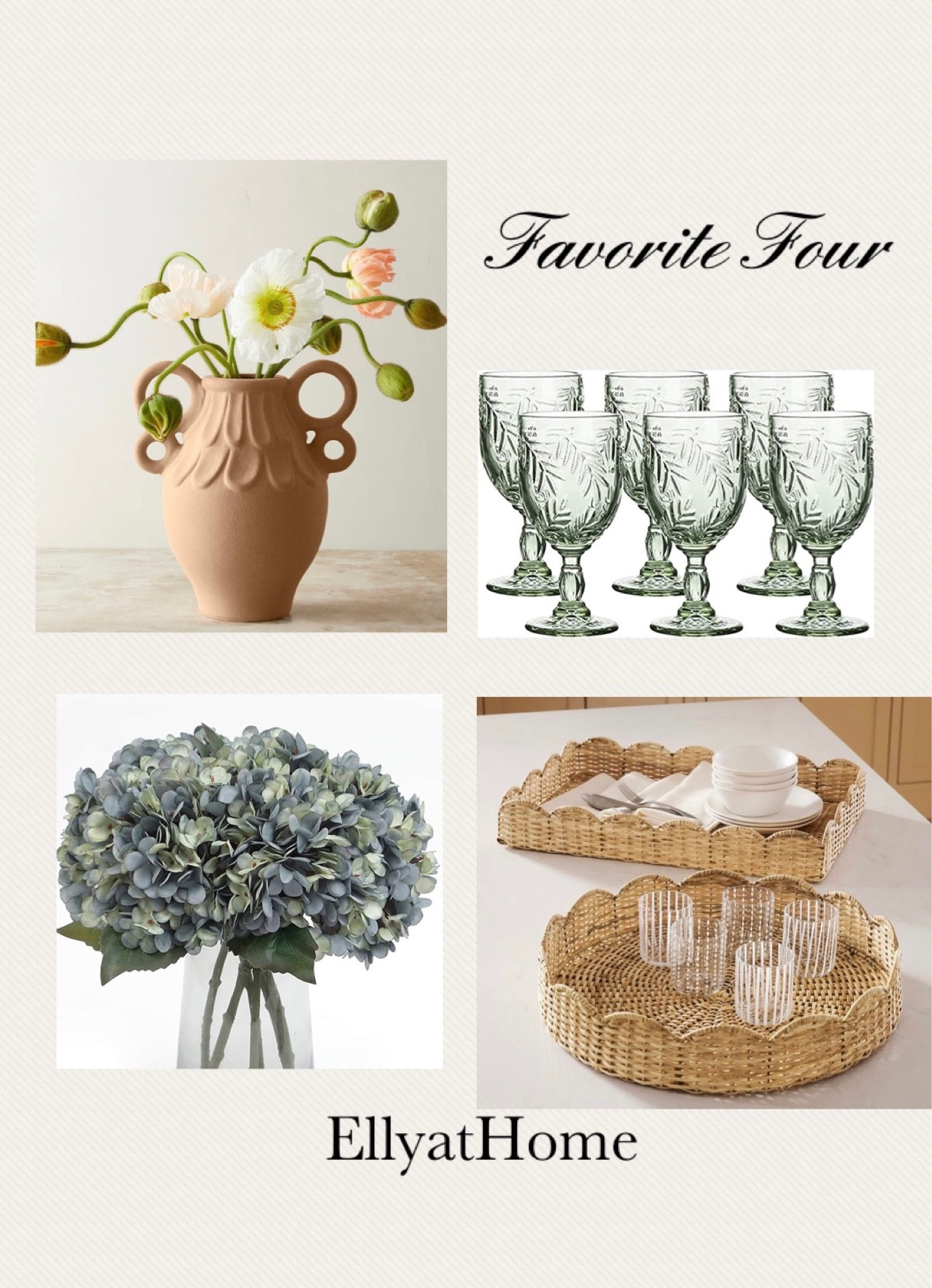 Favorite four, pretty decor pieces. Terracotta vase with beautiful details, vintage glassware, faux blue green hydrangeas, scallop rattan trays. Lulu & Georgia, Amazon, Pottery Barn. Shop more favorites. Home decor accessories. 


#LTKunder50 #LTKFind #LTKhome