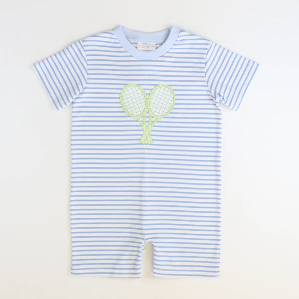 Appliquéd Tennis Rackets Boy Romper - Cloud Stripe Knit | Southern Smocked Co.