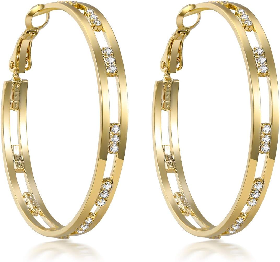 GANADARA Cubic Zirconia Hoop Earrings for Women - 14K Gold Plated 925 Sterling Silver Shiny Wide Rou | Amazon (US)