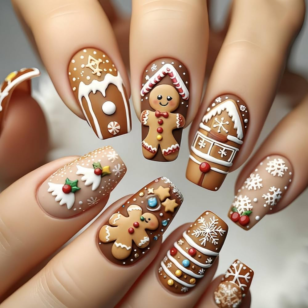 24 Pcs Christmas Press on Nails - Short Square Xmas Cute Embossed Gingerbread Man Snowflake Snowh... | Amazon (US)