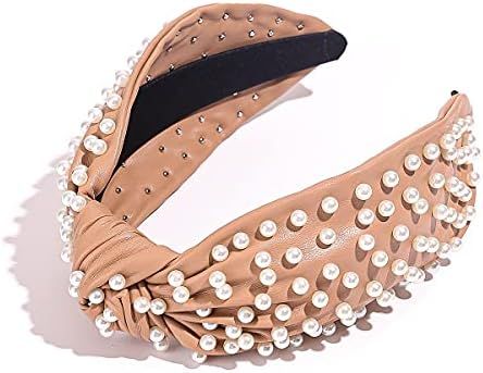 Pearly Knotted Women Headband Luxury Jeweled Leather Beaded Embellished Top Hairband Fashion Eleg... | Amazon (US)