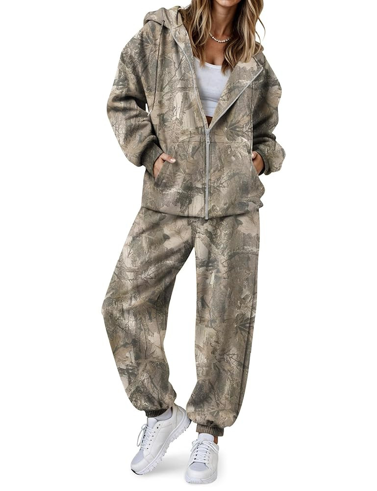MISSACTIVER Camo 2 Piece Zip Up Hoodie For Women Oversized Sweatshirt Camouflage Sweatpants Sweat... | Amazon (US)