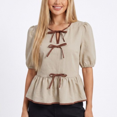 Anna-Kaci Women's Peplum Blouse Puff Short Sleeve Contrast Trim Woven Top - Small, Khaki | Target