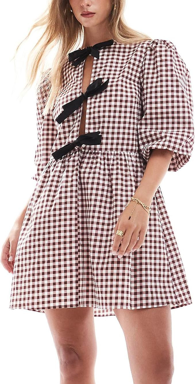 SCOFEEL Women's Plaid Mini Dress Half Puff Sleeve Bow Tie Front Mini Dress Casual A-Line Short Dr... | Amazon (US)