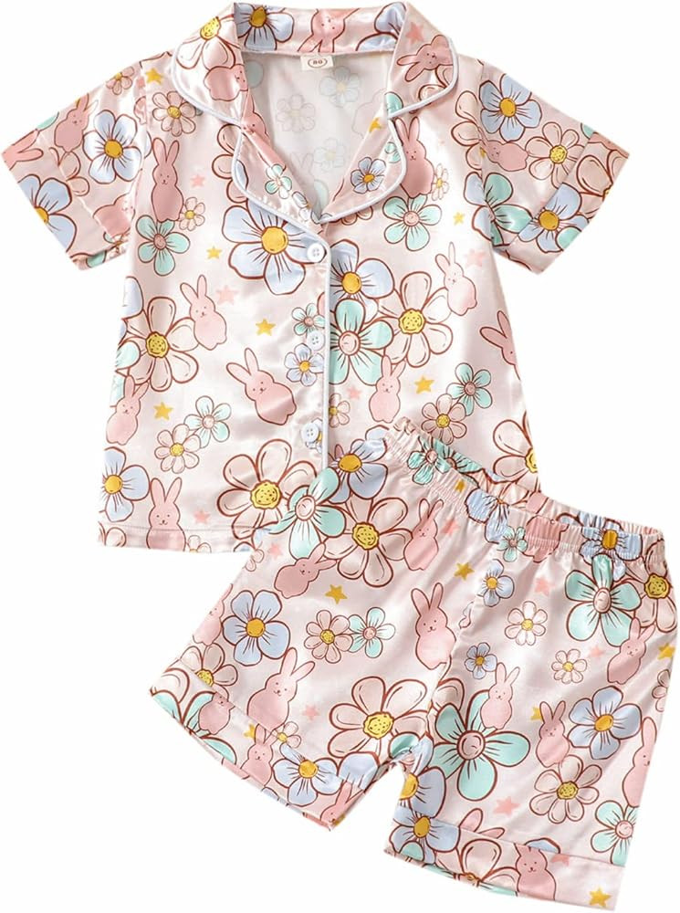 MAINESAKA Baby Girl Short Sleeve Button Down Tops And Shorts Snug Fit Pajamas Set 2 Piece Silk Sa... | Amazon (US)