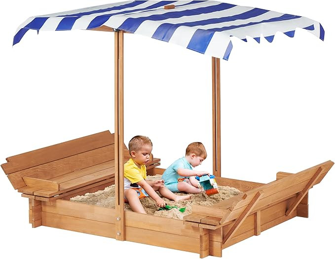 Kids Sandbox with Adjustable Cover and Foldable Bench Seats, 46''x46'' Outdoor Wooden Sandpit for... | Amazon (US)