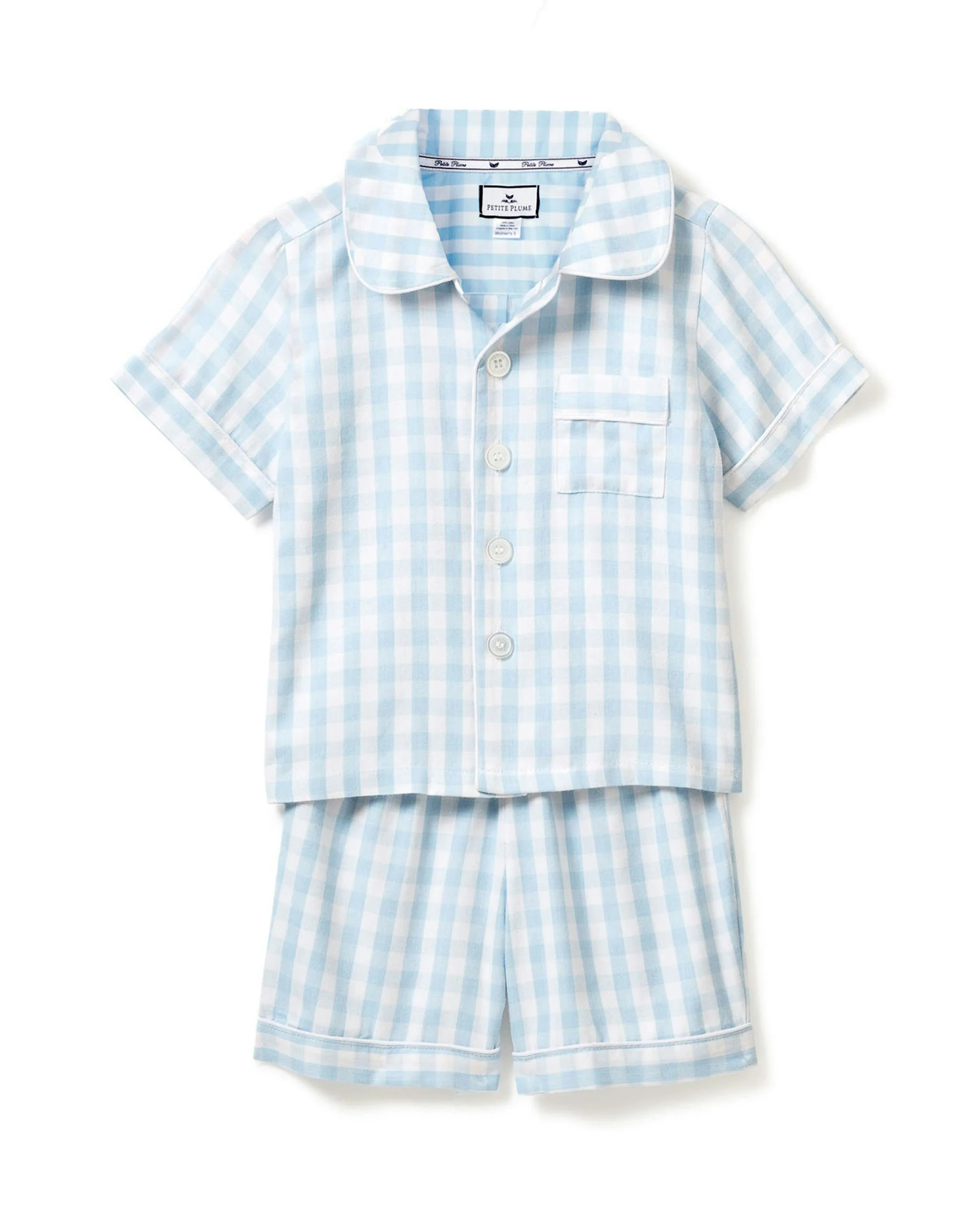 Kid's Twill Short Set in Light Blue Gingham | Petite Plume