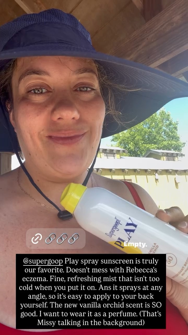 Supergoop Play spray sunscreen is truly the best. Their new vanilla orchid scent smells SO good — like I would legitimately buy it as a perfume. Their nozzle also sprays at an angle so you can apply it to your own back if needed. And it’s eczema-safe for Rebecca — the biggest win in our household for sure.

#LTKSwim #LTKActive #LTKSeasonal