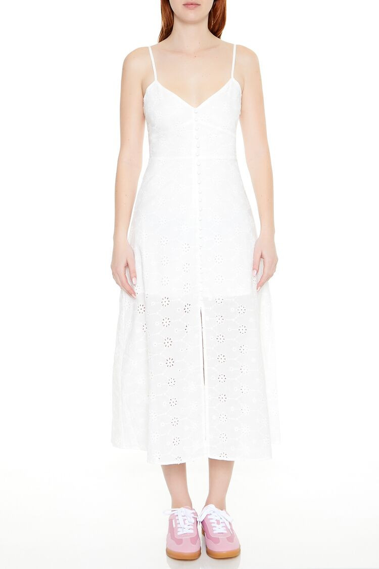 Women's Floral Eyelet Cami Midi Dress in White, XS | Forever 21