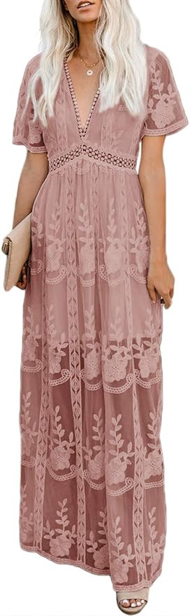 Bdcoco Women's V Neck Long Evening Dress Short Sleeve Lace Cocktail Party Maxi Dress | Amazon (US)