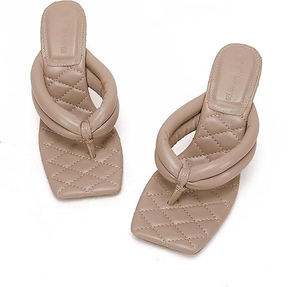 Women's Square Open Toe Heeled Sandals Quilted Woven Leather Thong Flip Flops Slip On Low Kitten ... | Amazon (US)