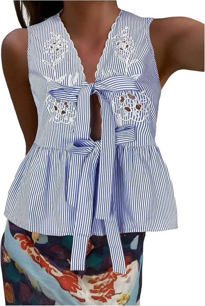 WDIRARA Women's Bow Tie Front Blouse V Neck Sleeveless Shirt Eyelet Embroidery Ruffle Peplum Tops | Amazon (US)