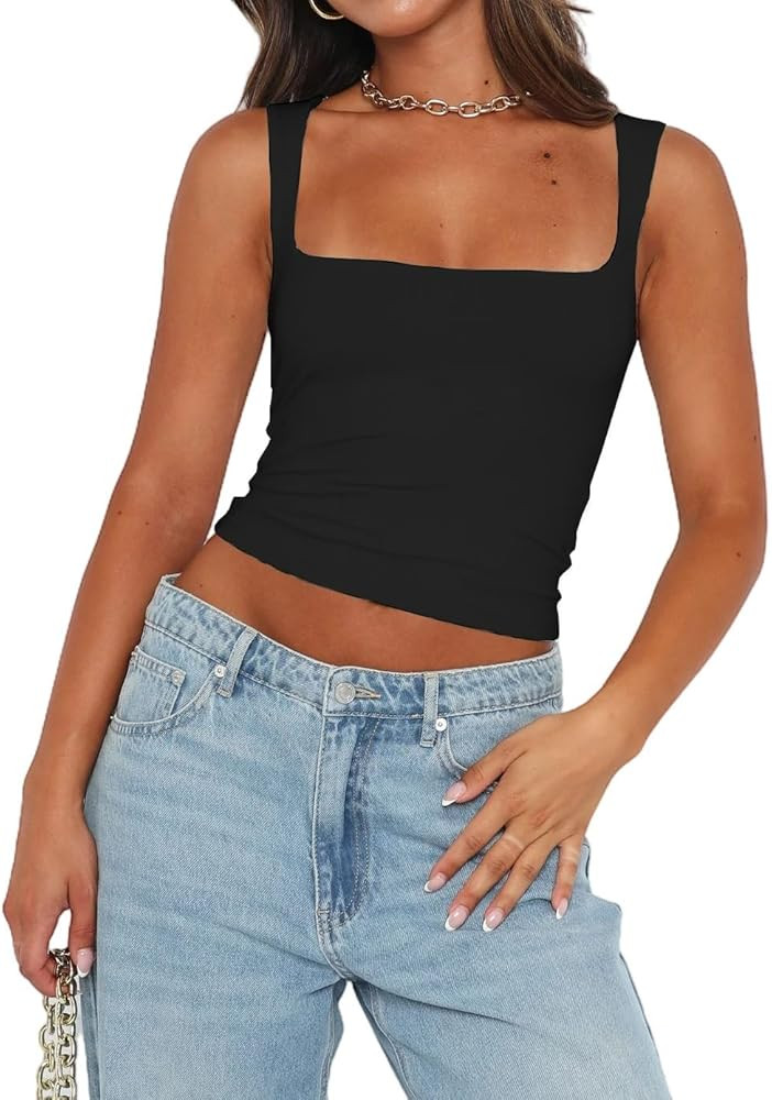 Abardsion Womens Sexy Crop Top Summer 2024 Square Neck Sleeveless Double Layer Going Out Tank Top... | Amazon (US)