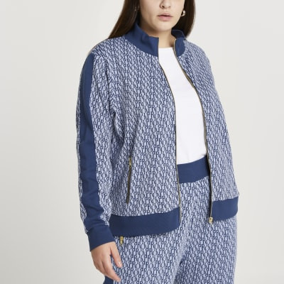 Plus blue RI monogram zip through jacket | River Island (UK & IE)