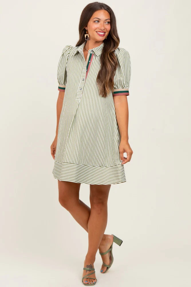 Light Olive Striped Puff Sleeve Maternity Mini Shirt Dress | PinkBlush Maternity