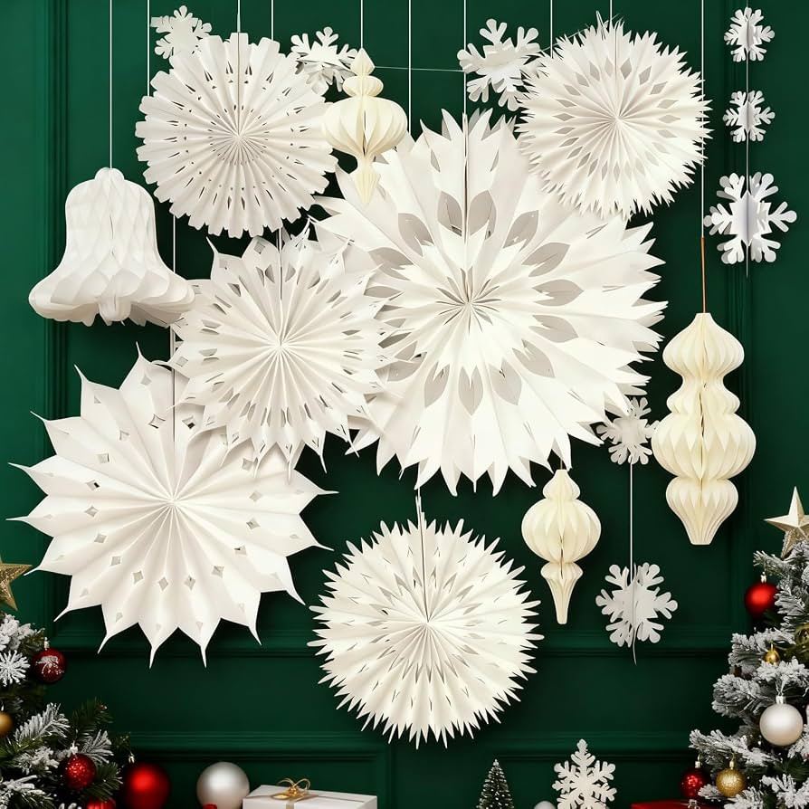 White Christmas Hanging Decorations Set, 3D Paper Honeycomb Ornaments Decorative Honeycomb Bell L... | Amazon (US)