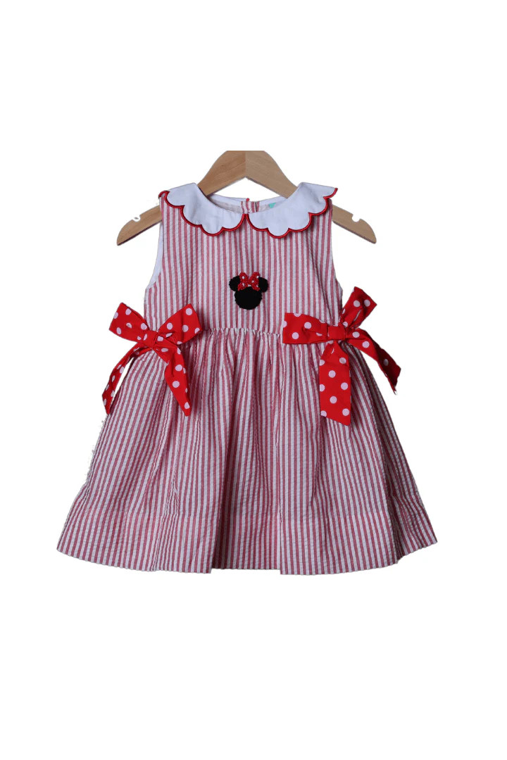 French Knot Mouse Red Seersucker Dress | The Smocked Flamingo