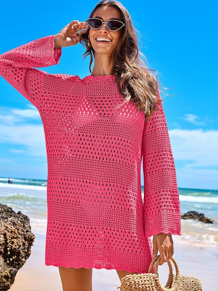 ANRABESS Women Swimsuit Crochet Swim Cover Up Summer Bathing Suit Swimwear Knit Pullover Beach Dr... | Amazon (US)