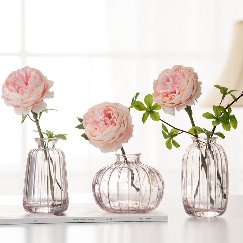 Set of 3 Mini Glass Vases Striped Blue Grey Pink Brown Flowers Vases Glass Bud Vases For Fresh an... | Etsy (US)