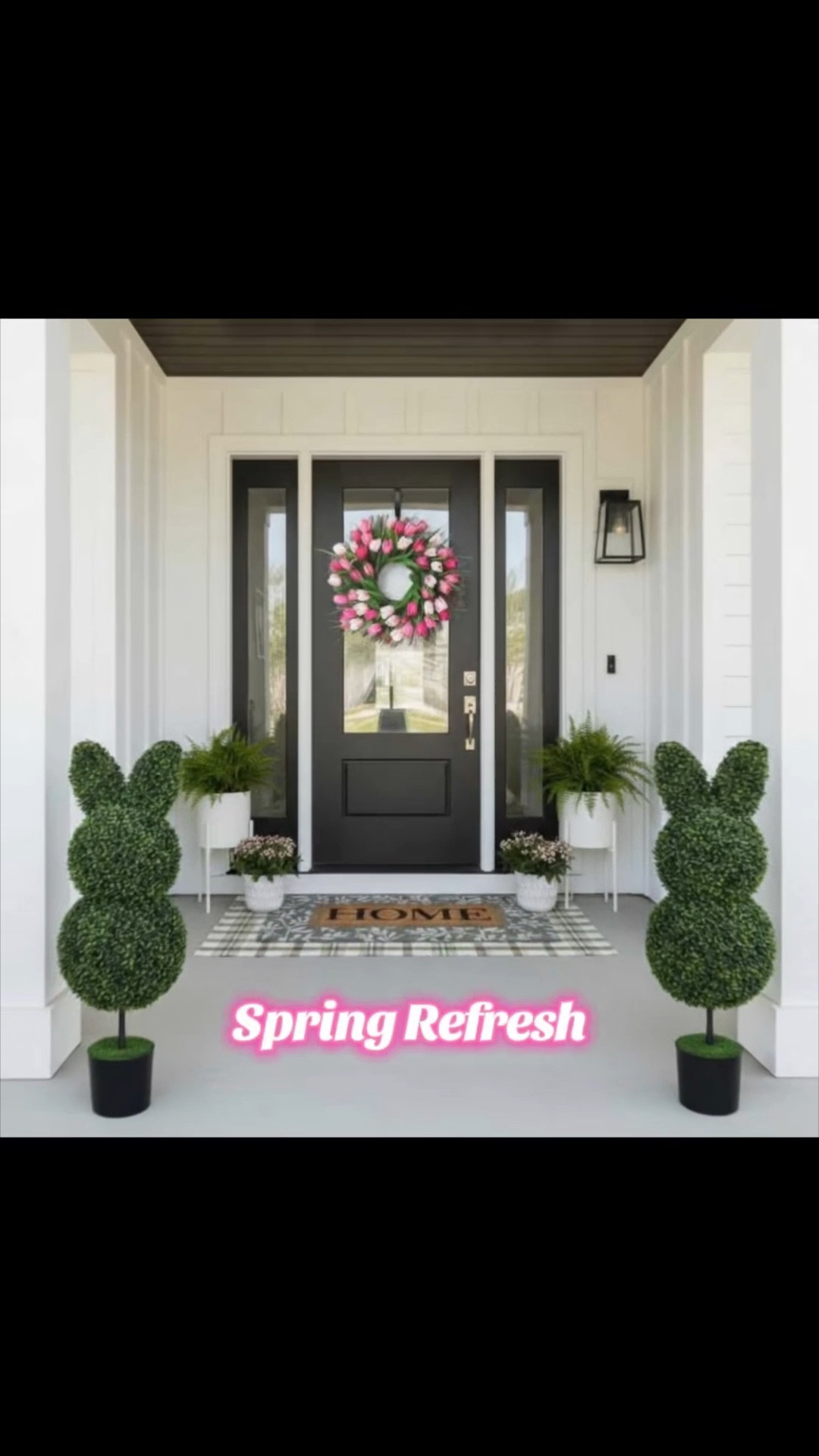 Spring porch refresh 🌿
Swapped winter layers for soft greens, florals, and classic patterns to welcome the new season. The boxwood Easter topiary adds the perfect touch of charm, while the tulip wreath brings that fresh-picked spring feel. Layered the green plaid rug with a simple green outdoor doormat for a cozy, inviting entry that works all season long.

Shop my spring porch favorites linked here 💚

#LTKhome #LTKspring #SpringPorch #FrontPorchDecor #SpringDecor #OutdoorDecor #PorchInspo #EasterDecor #GreenDecor #SeasonalStyling #HomeInspo