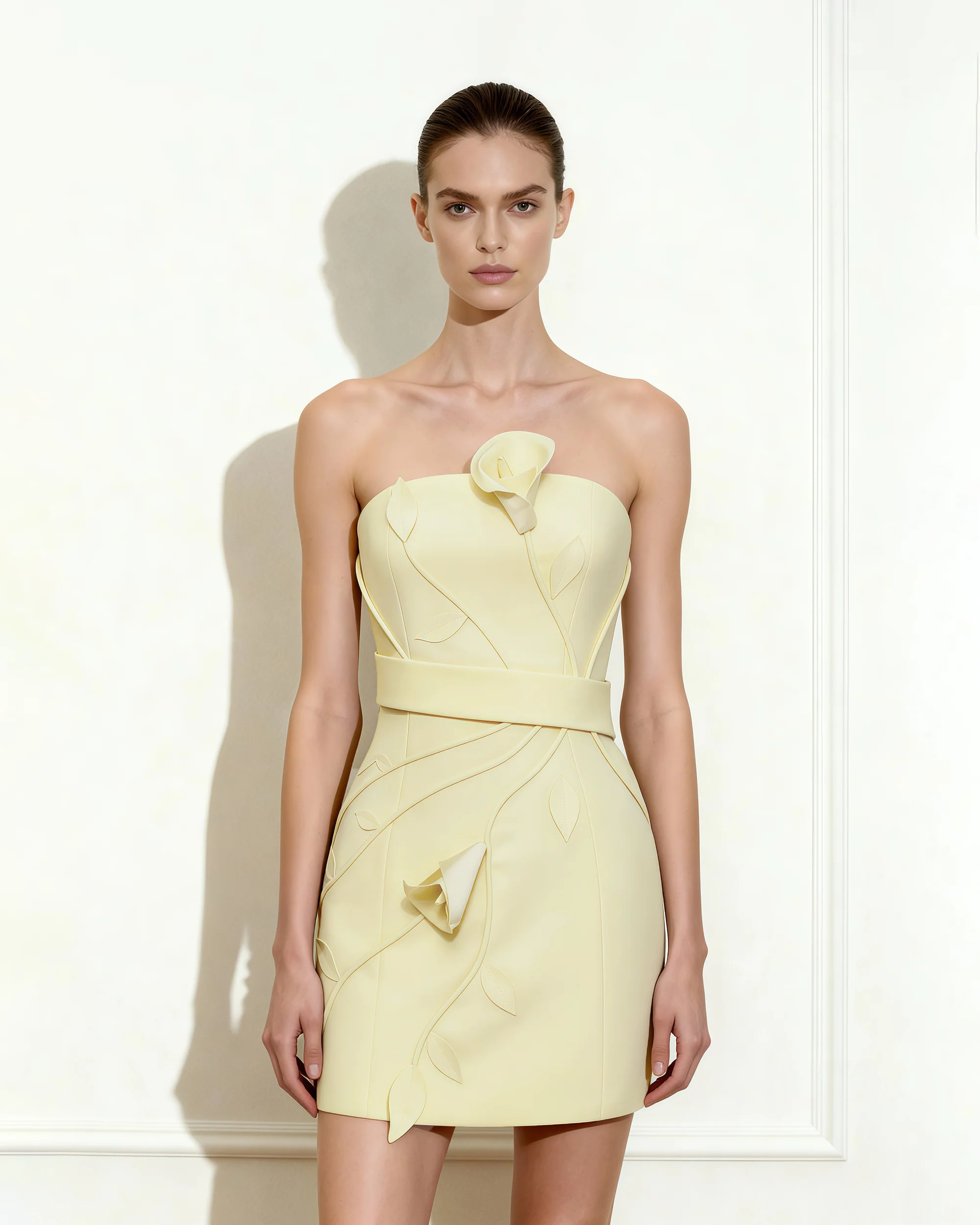 3D Floral Appliqué Strapless Mini Dress - Yellow | JW PEI US