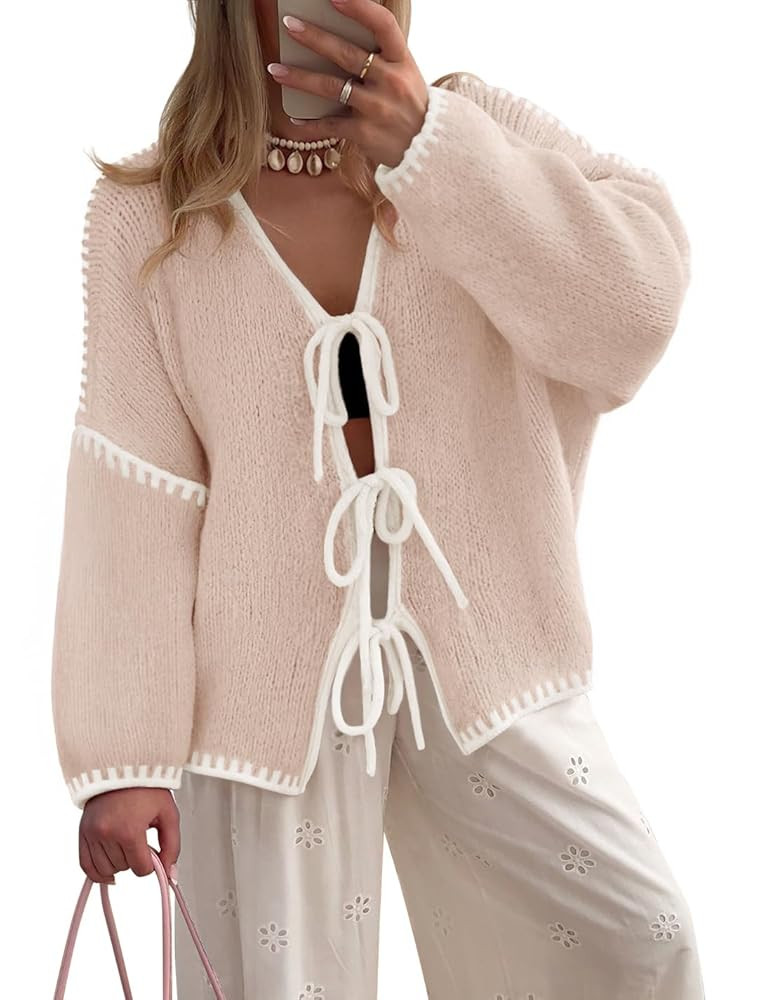 ZESICA Crdigans for Women Trendy 2025 Tie Front Bow Sweaters Casual Long Sleeve Winter Clothing C... | Amazon (US)