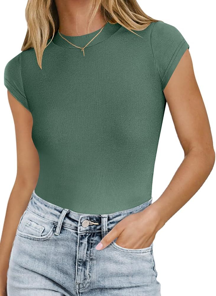 MISSJOY Women Crew Neck Short Sleeve Ribbed Stretchy Casual Slim Fit Bodysuit T Shirts Tops | Amazon (US)