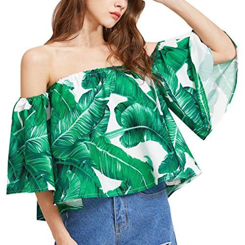 ZTY66 Women Off Shoulder Sexy Flare Sleeve Tops T-Shirt, Banana Leaf Printed (XXL, Green) | Amazon (US)