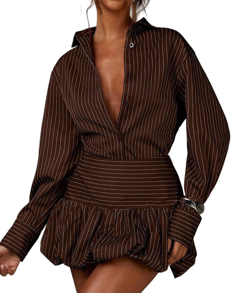 2 Piece Skirt Sets for Women Long Sleeve Button Down Stripe Tops and Mini Bubble Skrit Causal Dat... | Amazon (US)