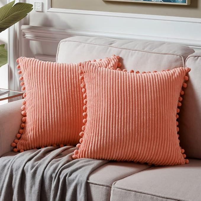 Fancy Homi 22x22 Pillow Covers, Pack of 2 Coral Throw Pillow Covers with Pom-poms, Super Soft Cor... | Amazon (US)