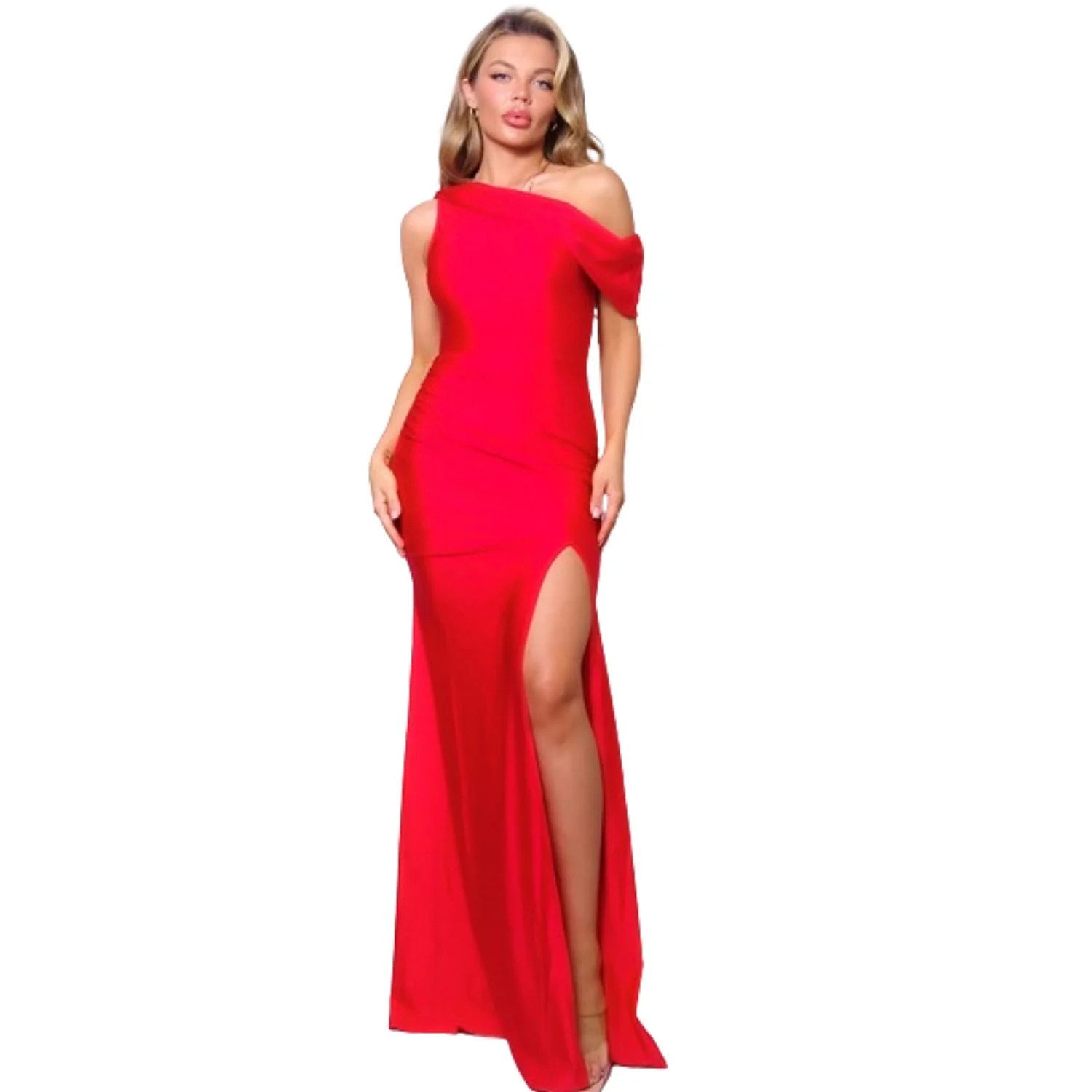 One Shoulder Draped Side Slit Maxi Dress | Shop Simon