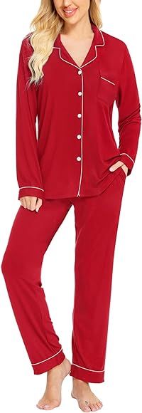 SWOMOG Womens Pajamas Set Long Sleeve Sleepwear Button Down Nightwear Soft Cotton Pj Lounge Sets | Amazon (US)