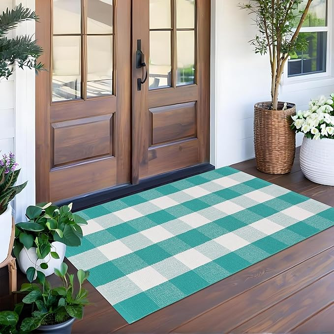 Buffalo Plaid Outdoor Rugs, 28" x 43" Green and White Checkered Indoor Outdoor Area Rug, Layering... | Amazon (US)