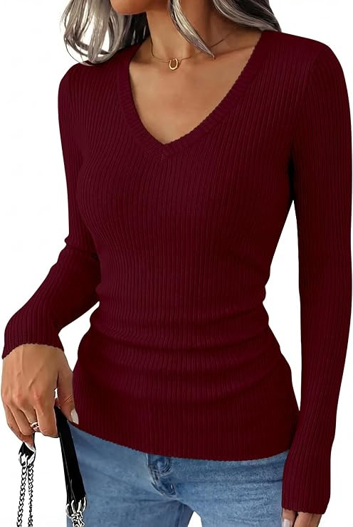 ANRABESS Women's Long Sleeve Shirts V-Neck Ribbed Kint Fall Tops | Soft lightweight Slim Fit, Wor... | Amazon (US)