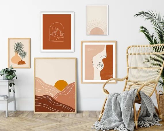 Boho Art Set of 5 Prints | Abstract Landscape Poster Bundle | Line Art Gallery Wall | Rust Print ... | Etsy (US)