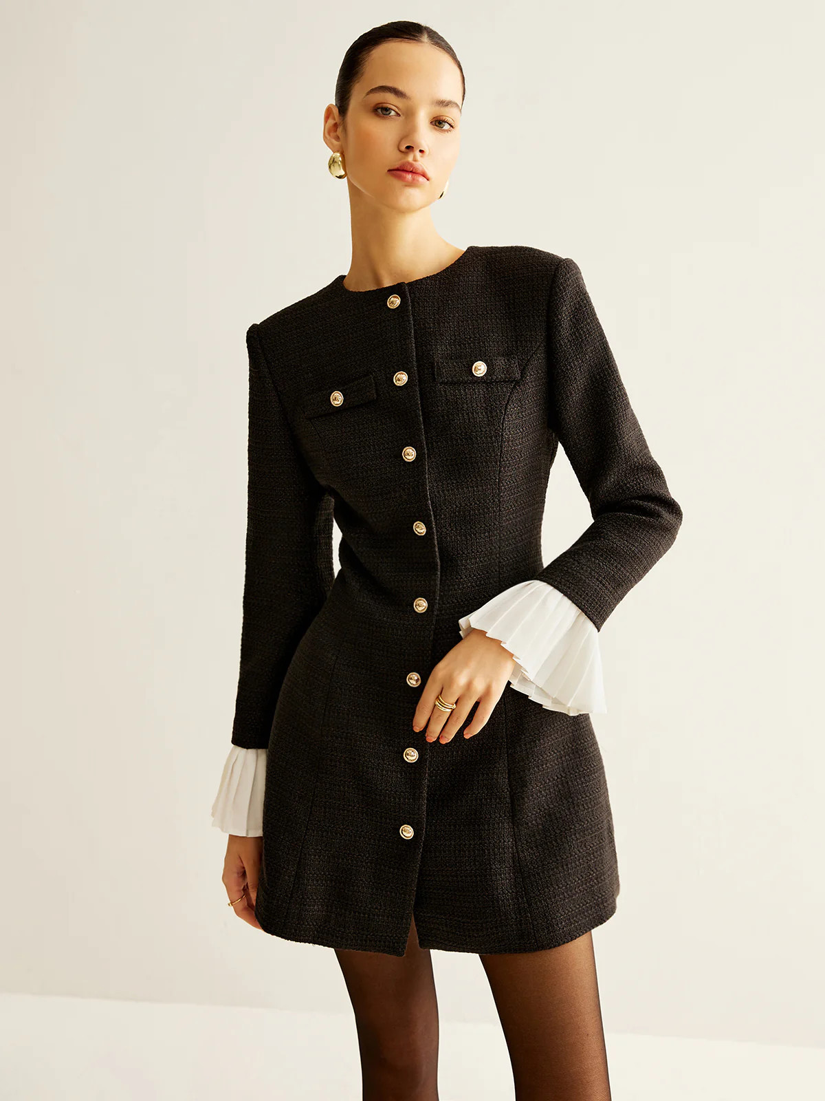 Pleated-Cuff Tweed Breasted Dress | Commense