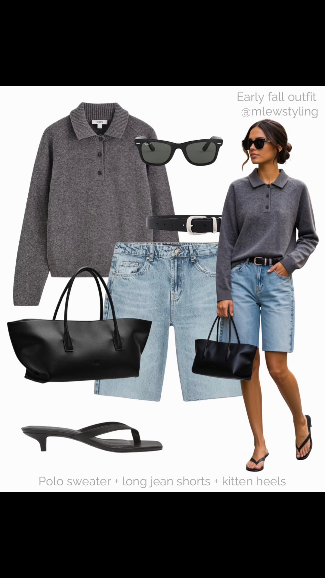 Bermuda jean shorts styled for early fall 🍂

Tags: late summer transitional outfit, Zara long denim shorts, kitten heel thong sandals, freja nyc black handbag, grey cashmere polo sweater, black belt, ray-ban sunglasses, neutral outfit formulas, casual workwear, office outfit, capsule wardrobe

#LTKfall #LTKworkwear #LTKbag