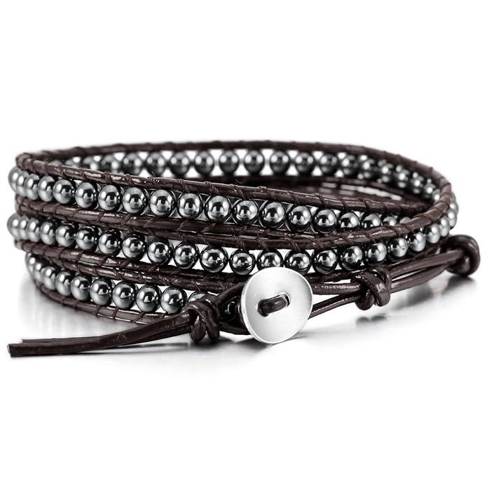 MOWOM Alloy Genuine Leather Bracelet Bangle Cuff Rope Bead 3 Wrap Adjustable | Amazon (US)
