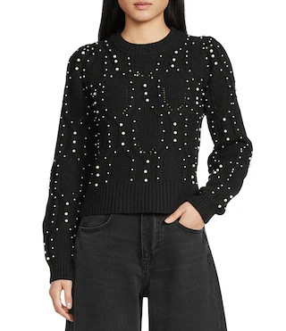 Wool Blend Beaded Pearl Crew Neck Long Sleeve Sweater | Dillard's