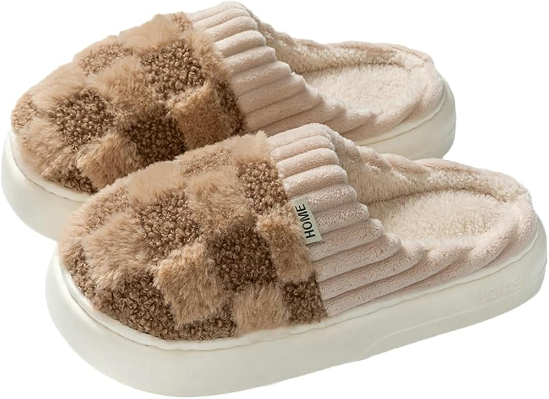 Plush Slippers for Women Men Plaid Cuff Warm Fuzzy Fleece Slipper Cozy Memory Foam Checkered Home... | Amazon (US)